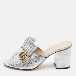 Gucci Silver Foil Leather GG Marmont Slide Sandals Size 41