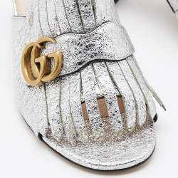 Gucci Silver Foil Leather GG Marmont Slide Sandals Size 41
