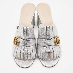 Gucci Silver Foil Leather GG Marmont Slide Sandals Size 41