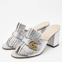 Gucci Silver Foil Leather GG Marmont Slide Sandals Size 41