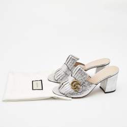 Gucci Silver Foil Leather GG Marmont Slide Sandals Size 41