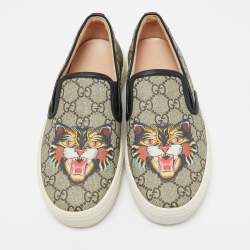 Gucci Black/Grey GG Supreme Canvas And Leather Tiger Slip On Sneakers Size 37.5