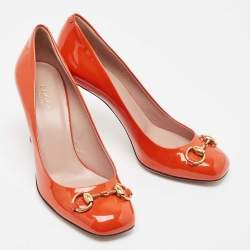 Pre Owned Gucci Orange Patent Leather Jolene Pumps Size 37.5