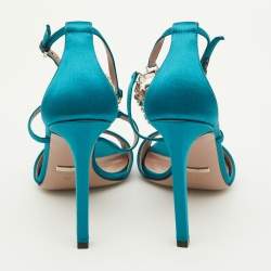 Gucci Teal Satin Crystal Embellished Interlocking G Ankle Strap Sandals Size 36