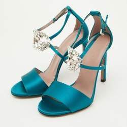 Gucci Teal Satin Crystal Embellished Interlocking G Ankle Strap Sandals Size 36