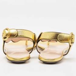 Pre Owned Gucci Gold Scalloped Leather Faux Pearl Embellished Thong Flat Sandals Size 38