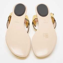 Pre Owned Gucci Gold Scalloped Leather Faux Pearl Embellished Thong Flat Sandals Size 38