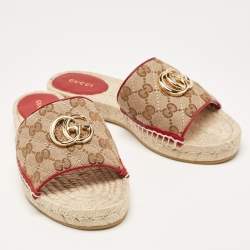 Gucci Beige/Red GG Canvas and Leather Double G Flat Slides Size 36