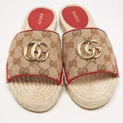 Gucci Beige/Red GG Canvas and Leather Double G Flat Slides Size 36