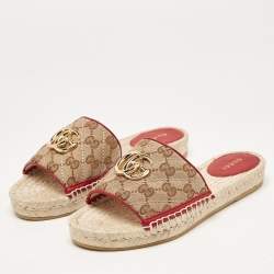 Gucci Beige/Red GG Canvas and Leather Double G Flat Slides Size 36