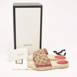 Gucci Beige/Red GG Canvas and Leather Double G Flat Slides Size 36