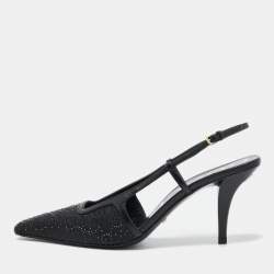 Pre Owned Gucci Black Fabric and Leather Malaga Kid Crystals Slingback Pumps Size 38