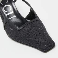 Pre Owned Gucci Black Fabric and Leather Malaga Kid Crystals Slingback Pumps Size 38