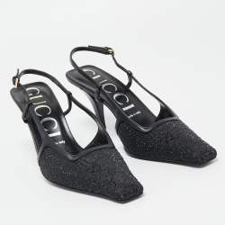 Pre Owned Gucci Black Fabric and Leather Malaga Kid Crystals Slingback Pumps Size 38