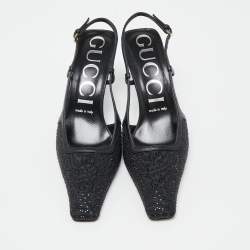 Pre Owned Gucci Black Fabric and Leather Malaga Kid Crystals Slingback Pumps Size 38