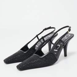 Pre Owned Gucci Black Fabric and Leather Malaga Kid Crystals Slingback Pumps Size 38