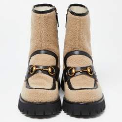 Pre Owned Gucci Beige/Black Wool and Leather Bee Embroidered Horsebit Ankle Boots Size 39