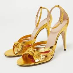 Gucci Metallic Gold Leather Allie Ankle Strap Sandals Size 38.5