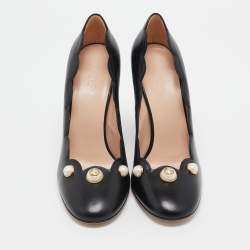Pre Owned Gucci Black Leather GG Pearl Detail Pumps Size 39.5