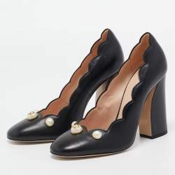 Pre Owned Gucci Black Leather GG Pearl Detail Pumps Size 39.5