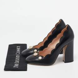 Pre Owned Gucci Black Leather GG Pearl Detail Pumps Size 39.5