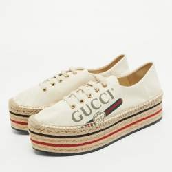 Gucci Cream Canvas Logo Print Espadrille Platform Sneakers Size 41