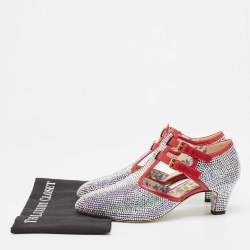 Gucci Metallic/Red Crystal Embellished Fabric and Leather T-Bar Pumps Size 40.5