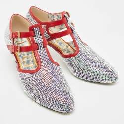 Gucci Metallic/Red Crystal Embellished Fabric and Leather T-Bar Pumps Size 40.5