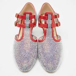 Gucci Metallic/Red Crystal Embellished Fabric and Leather T-Bar Pumps Size 40.5