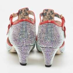 Gucci Metallic/Red Crystal Embellished Fabric and Leather T-Bar Pumps Size 40.5