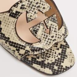 Pre Owned Gucci Beige/Black Python Embossed Leather Interlocking G Logo Flat Slides Size 38