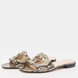 Pre Owned Gucci Beige/Black Python Embossed Leather Interlocking G Logo Flat Slides Size 38