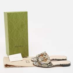 Pre Owned Gucci Beige/Black Python Embossed Leather Interlocking G Logo Flat Slides Size 38