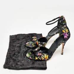 Gucci Black Floral Print Pleated Satin Bow Ankle Strap Sandals Size 39