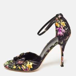 Gucci Black Floral Print Pleated Satin Bow Ankle Strap Sandals Size 39