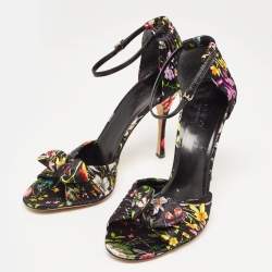 Gucci Black Floral Print Pleated Satin Bow Ankle Strap Sandals Size 39
