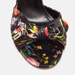 Gucci Black Floral Print Pleated Satin Bow Ankle Strap Sandals Size 39