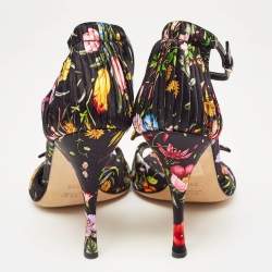 Gucci Black Floral Print Pleated Satin Bow Ankle Strap Sandals Size 39