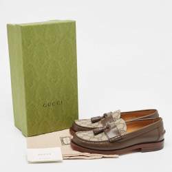 Pre Owned Gucci Beige/Brown GG Supreme Canvas and Leather Tassel Loafers Size 38