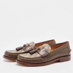 Pre Owned Gucci Beige/Brown GG Supreme Canvas and Leather Tassel Loafers Size 38