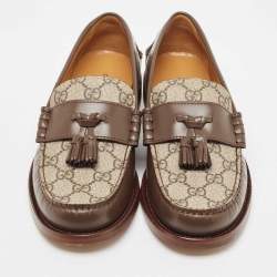 Pre Owned Gucci Beige/Brown GG Supreme Canvas and Leather Tassel Loafers Size 38