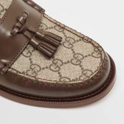 Pre Owned Gucci Beige/Brown GG Supreme Canvas and Leather Tassel Loafers Size 38