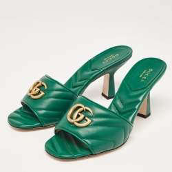 Gucci Green Matelassé Leather Double G Slide Sandals Size 39