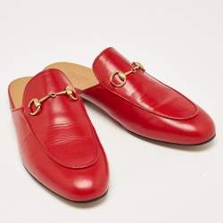 Pre Owned Gucci Red Leather Princetown Flat Mules Size 38.5