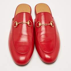 Pre Owned Gucci Red Leather Princetown Flat Mules Size 38.5