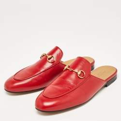 Pre Owned Gucci Red Leather Princetown Flat Mules Size 38.5