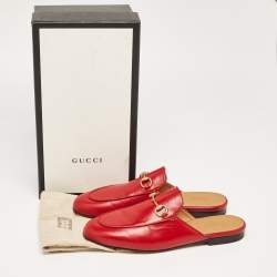 Pre Owned Gucci Red Leather Princetown Flat Mules Size 38.5