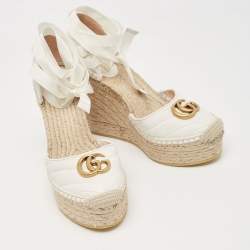 Gucci White Leather GG Marmont Wedge Sandals Size 37