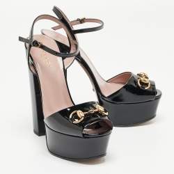 Gucci Black Patent Claudie Ankle Strap Sandals Size 36.5