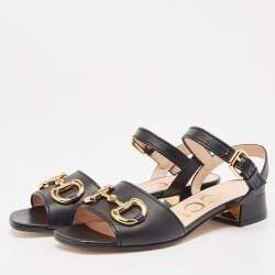 Pre Owned Gucci Black Leather Horsebit Ankle Strap Sandals Size 36.5